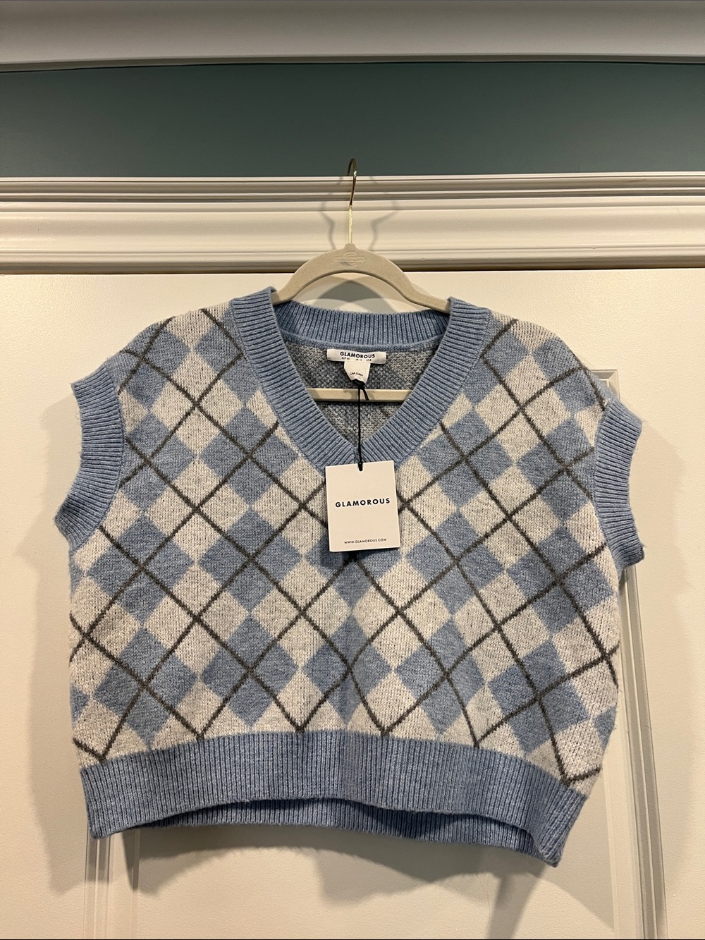 Glamorous Light Blue and Cream Argyle V-Neck Vest